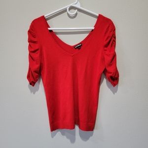Express Vintage Vibes Red V Neck Quarter Length Sinched Sleeve Knit Top Sz M